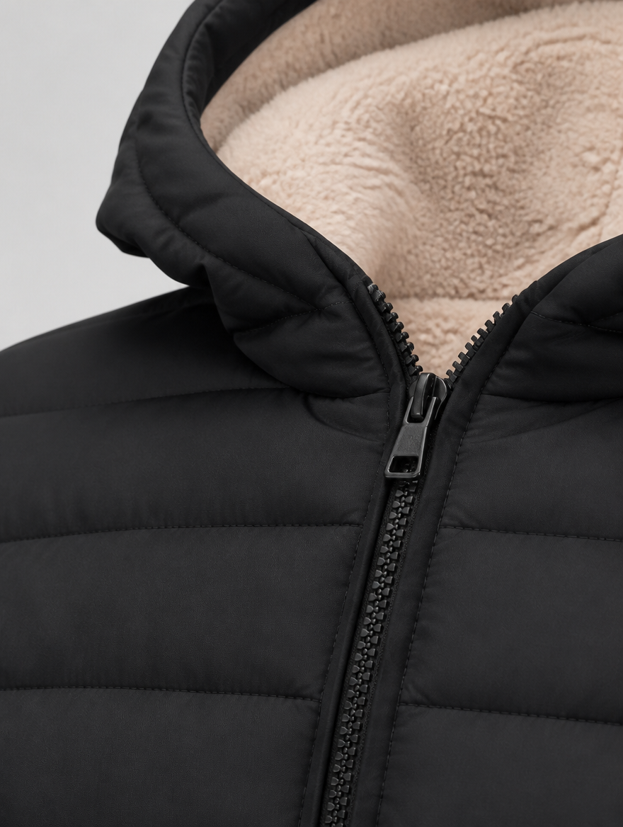 Close-up of the quilting, zip and sherpa lining at the collar