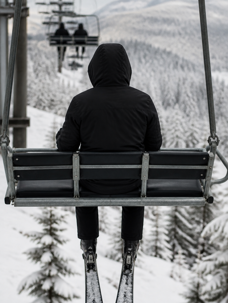 Back view of the ski parka worn on a chairlift