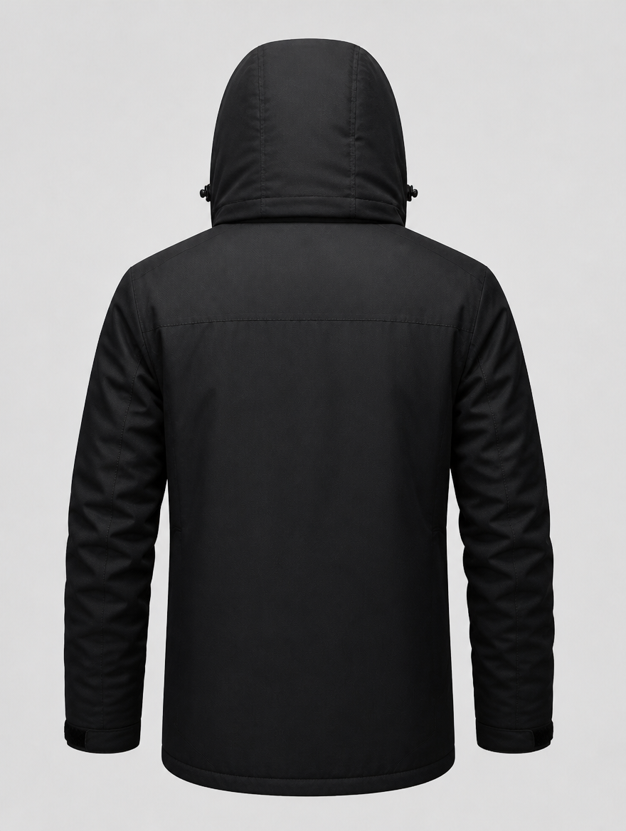 Men's ski parka, back view with hood up