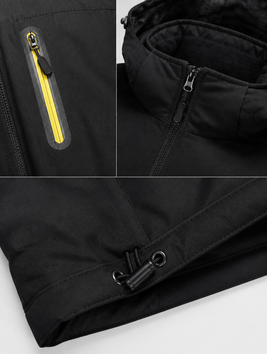 Close-up of the chest zip pocket, collar and drawcord hem