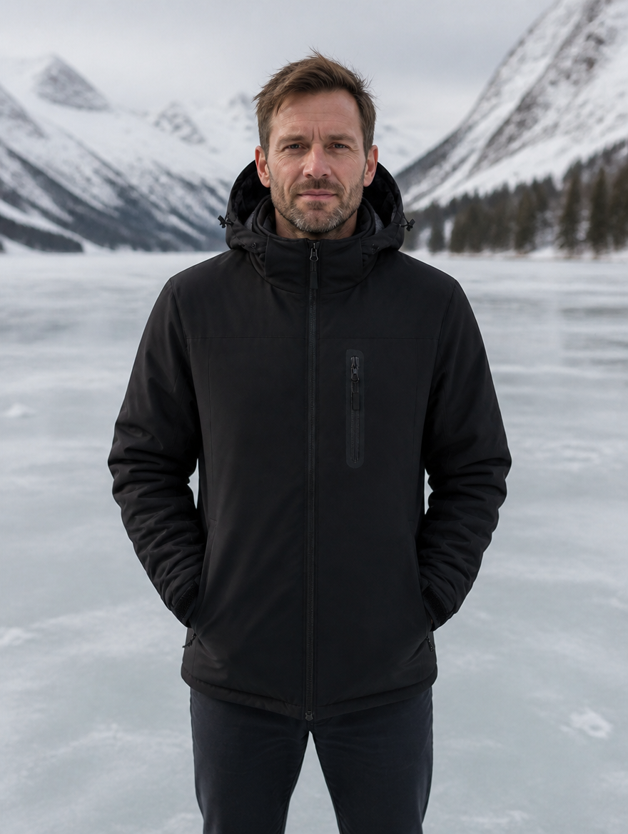 Man wearing the ski and snow jacket by a frozen lake