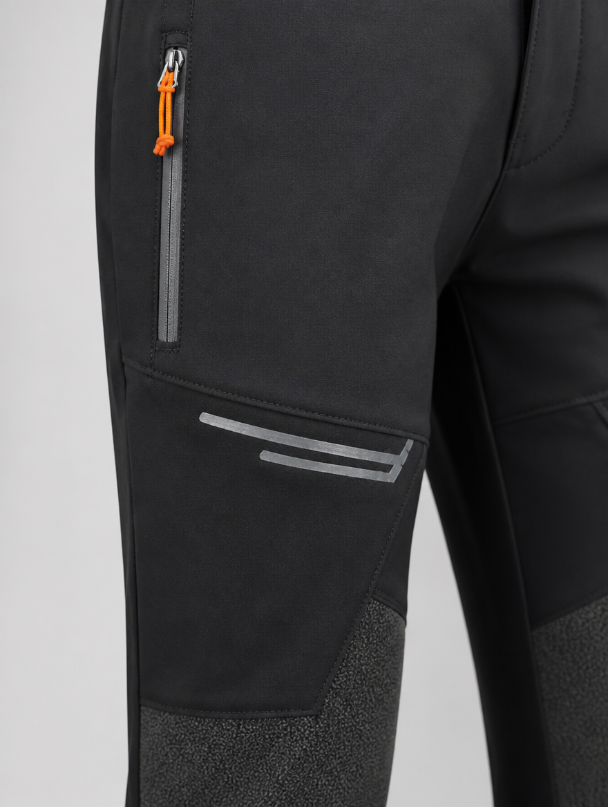Close-up of the zip pocket and reinforced knee panel
