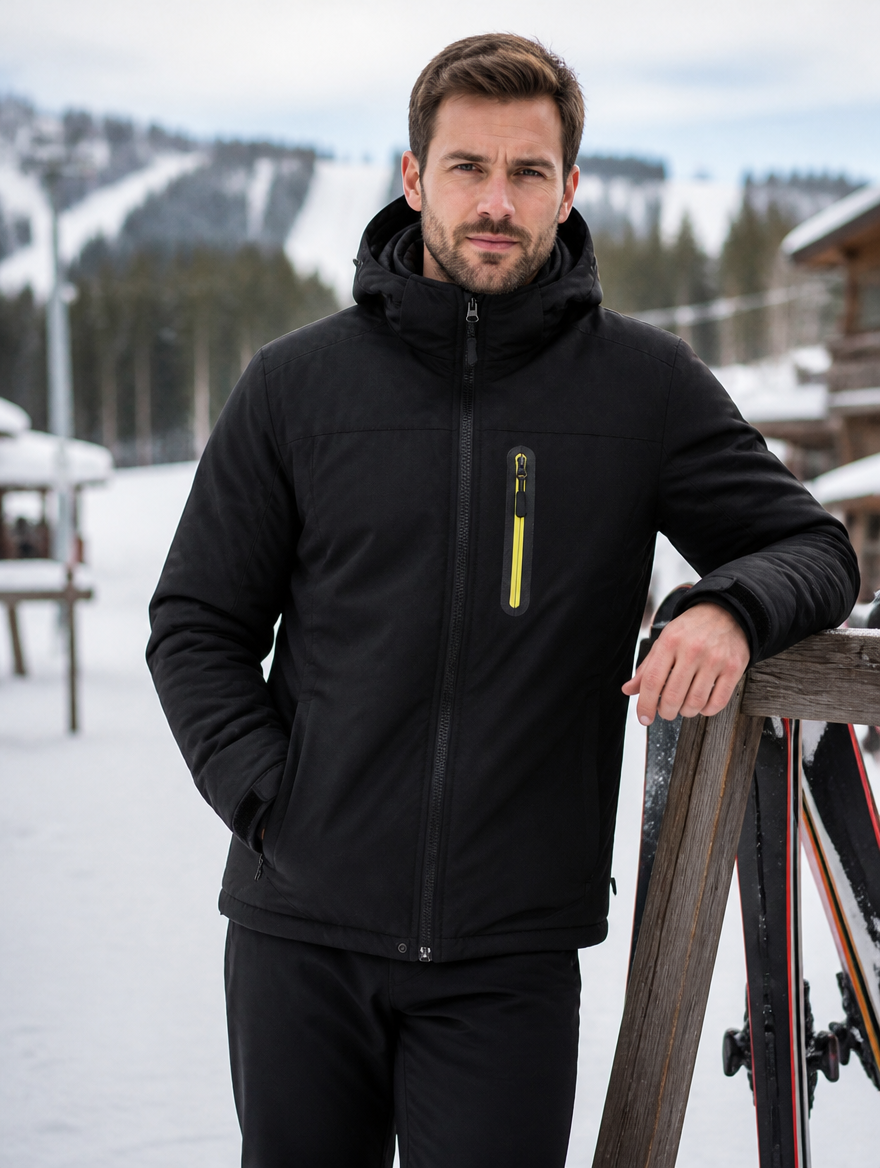 Man wearing the ski parka leaning on a ski rack