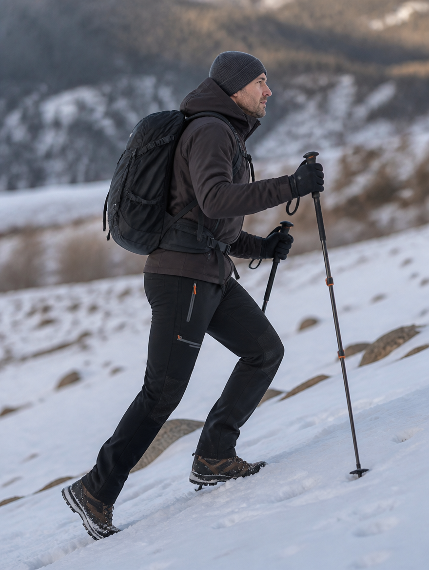Side view of the ski pants worn on a snowy trail