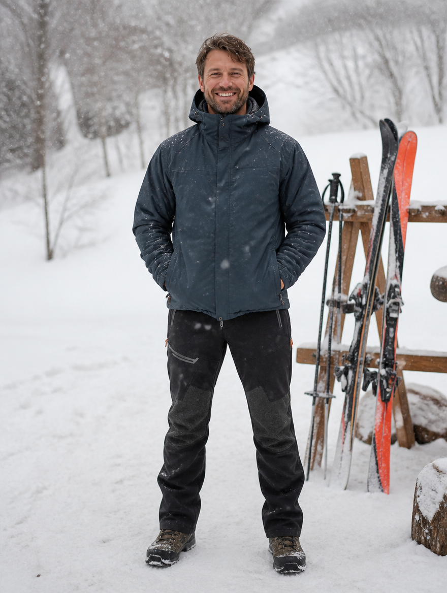 Man wearing the fleece-lined ski pants next to a ski rack