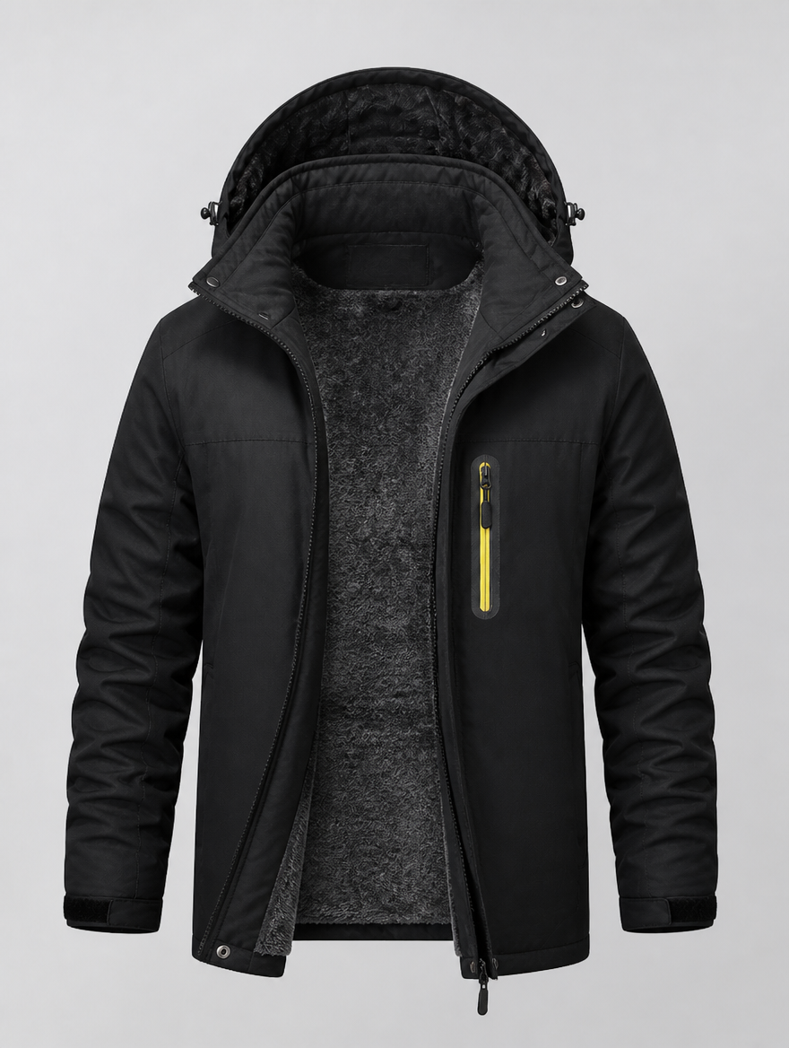 Men's ski parka opened to show the thick fleece lining