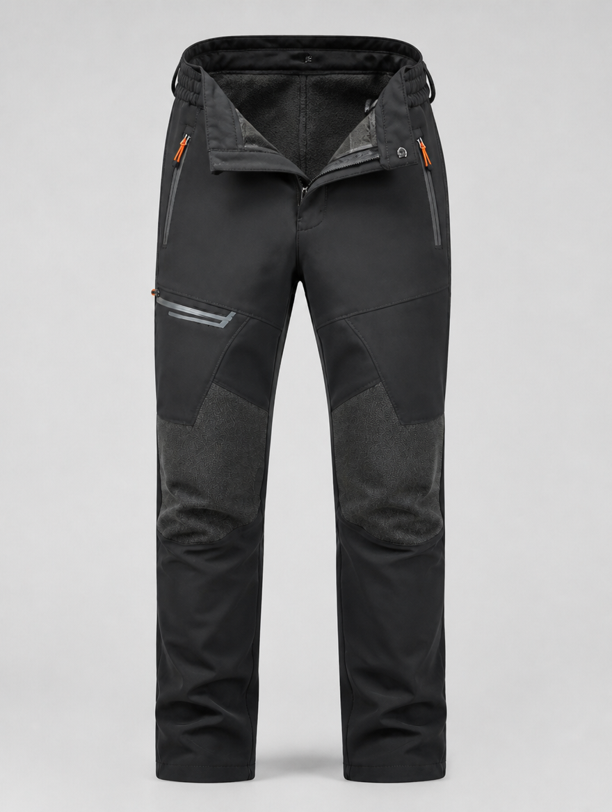 Men's fleece-lined ski pants with waistband folded open to show the lining