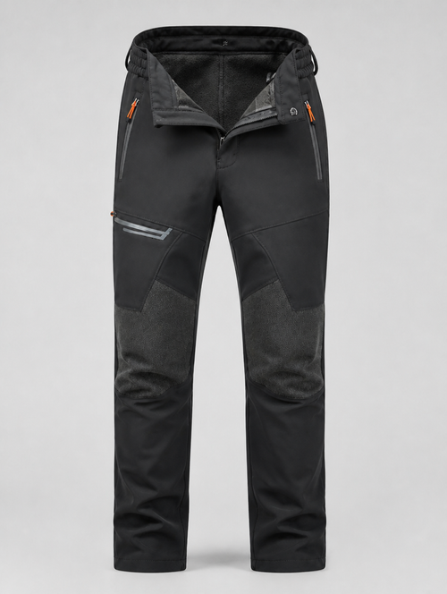 Men's fleece-lined ski pants with waistband folded open to show the lining