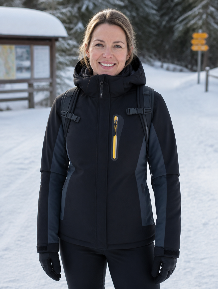 Woman wearing the colour-block ski jacket at a trailhead