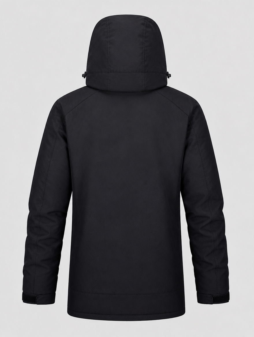 Men's ski parka, back view with hood up