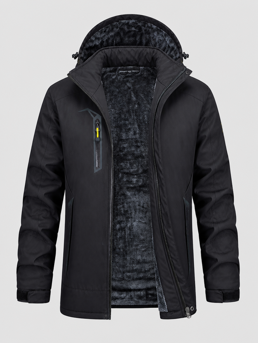 Men's ski parka with pockets opened to show the fleece lining
