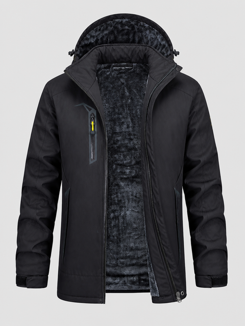 Men's ski parka with pockets opened to show the fleece lining