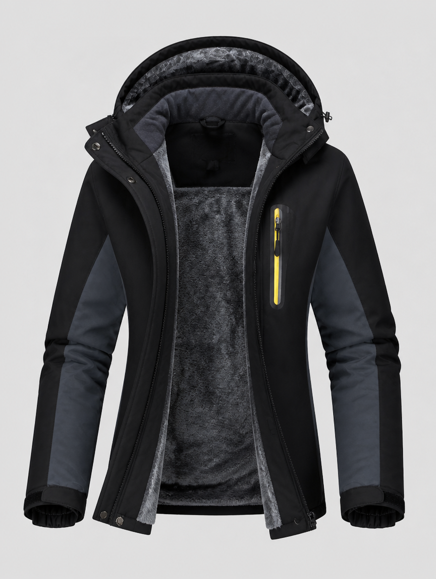 Women's colour-block ski jacket opened to show the fleece lining