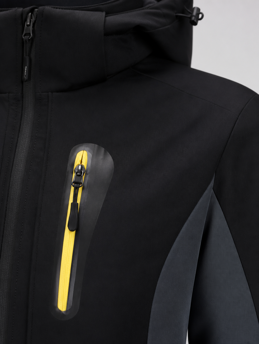 Close-up of the chest zip and colour-block seam