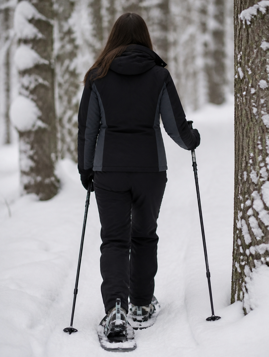 Back view of the jacket worn while snowshoeing