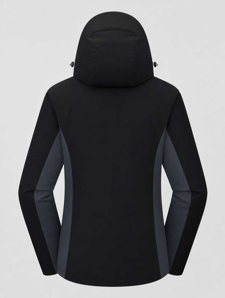Women's colour-block ski jacket, back view with hood up