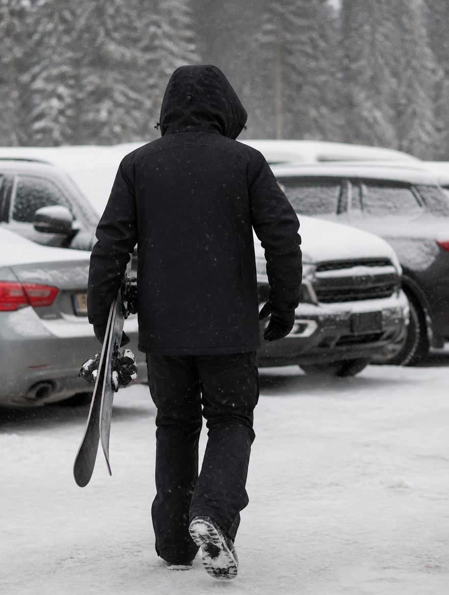Back view of the ski parka worn carrying skis