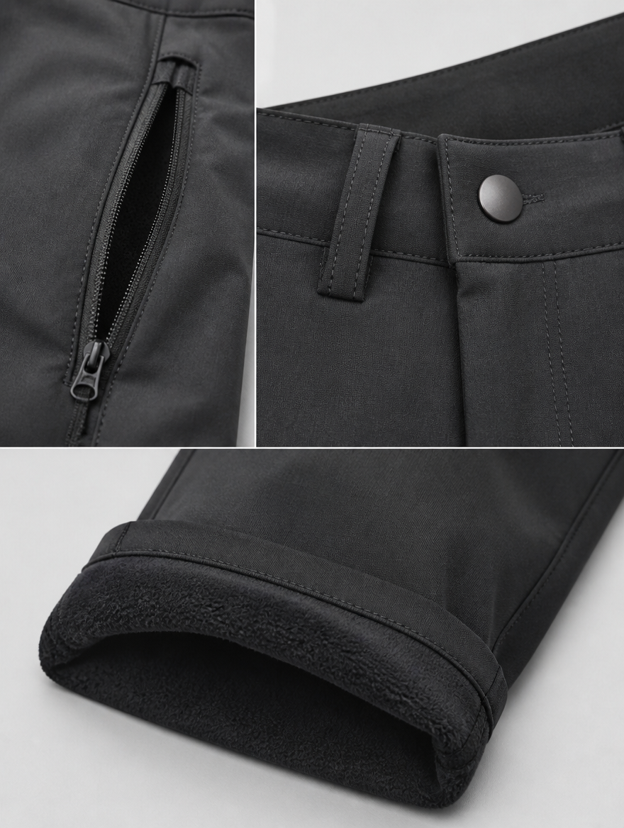 Close-up of the zip pocket, waistband and brushed lining