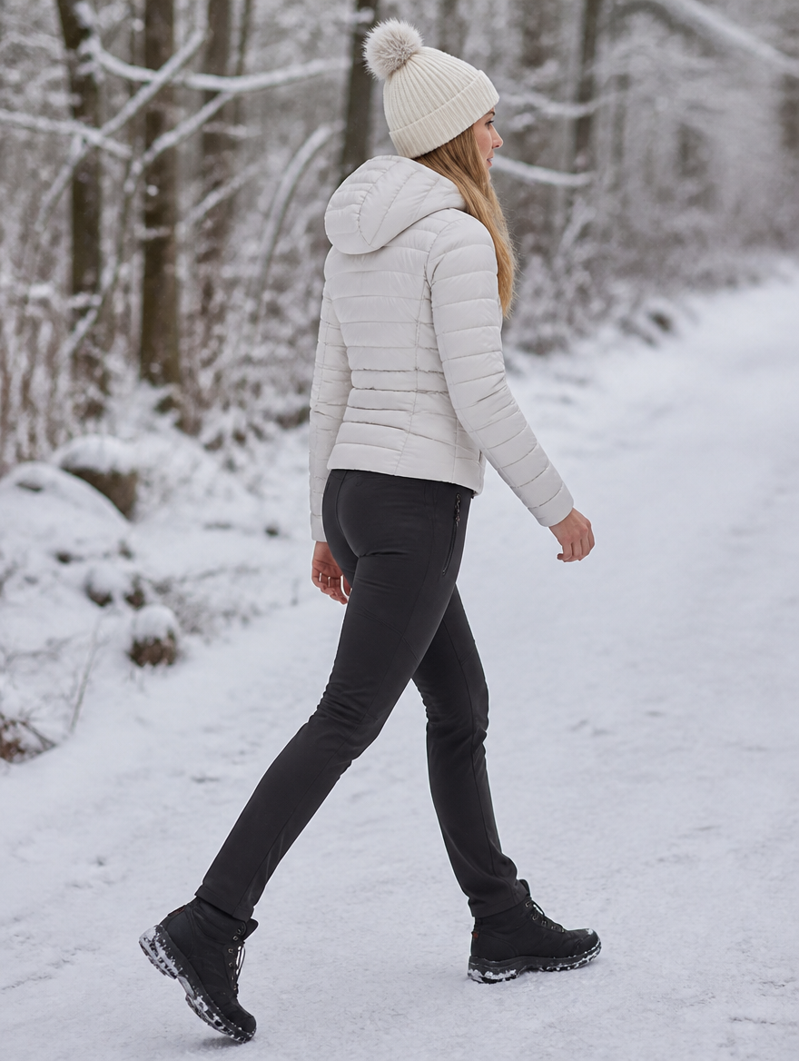 Side view of the ski pants worn on a forest trail