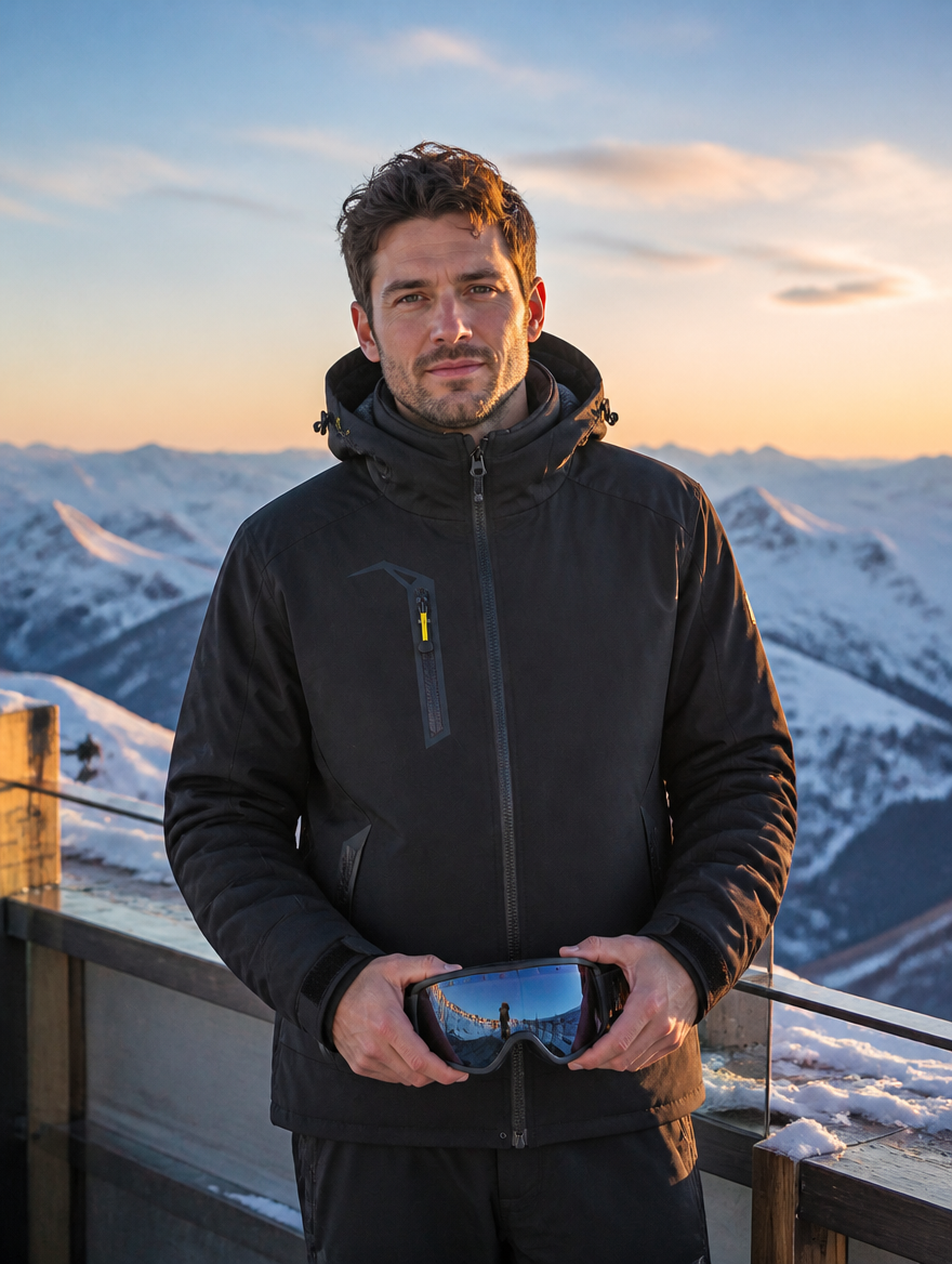 Man wearing the ski parka on a mountain terrace at sunrise