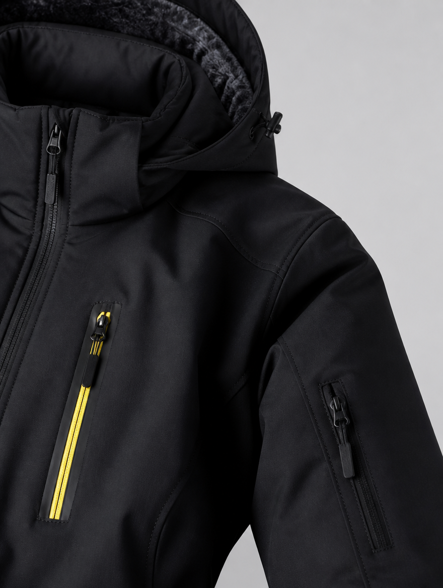 Close-up of the chest zip, sleeve pocket and hood edge