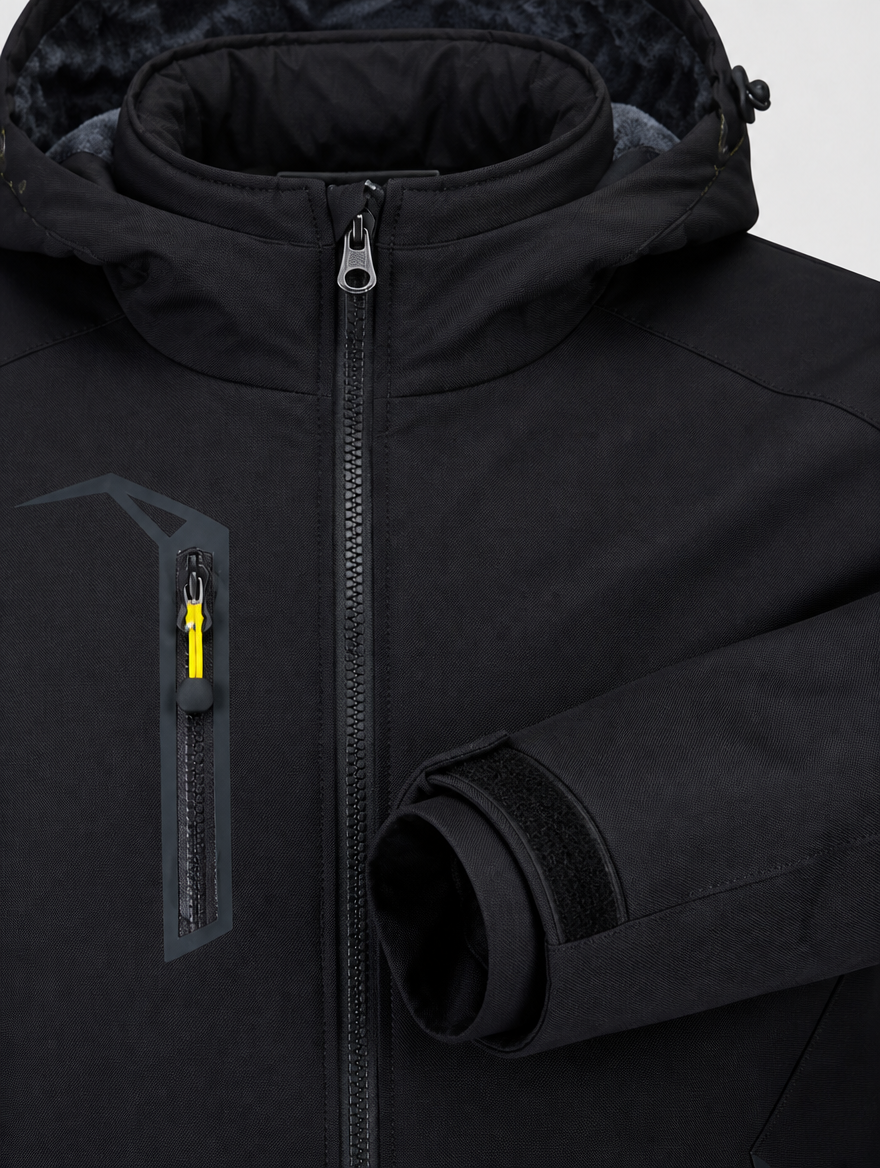 Close-up of the two chest zip pockets and collar