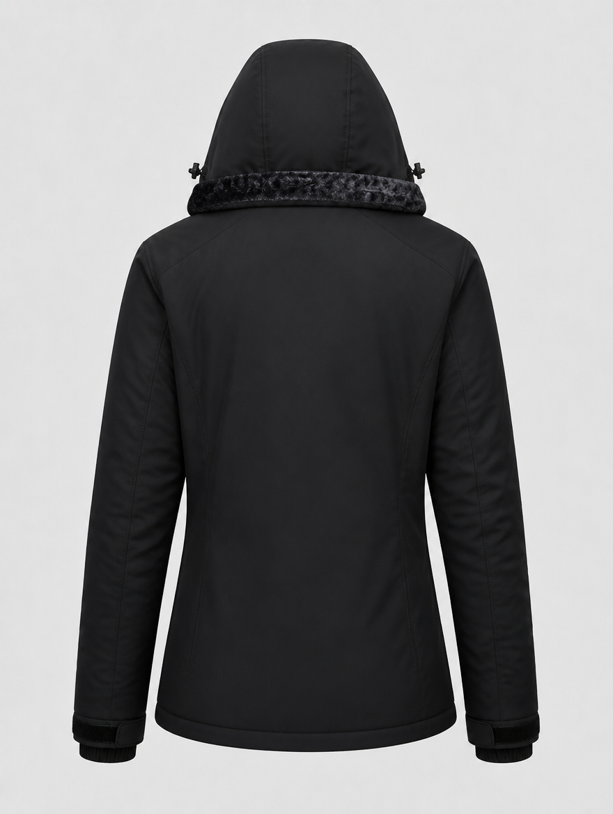 Women's fleece ski jacket, back view with hood up