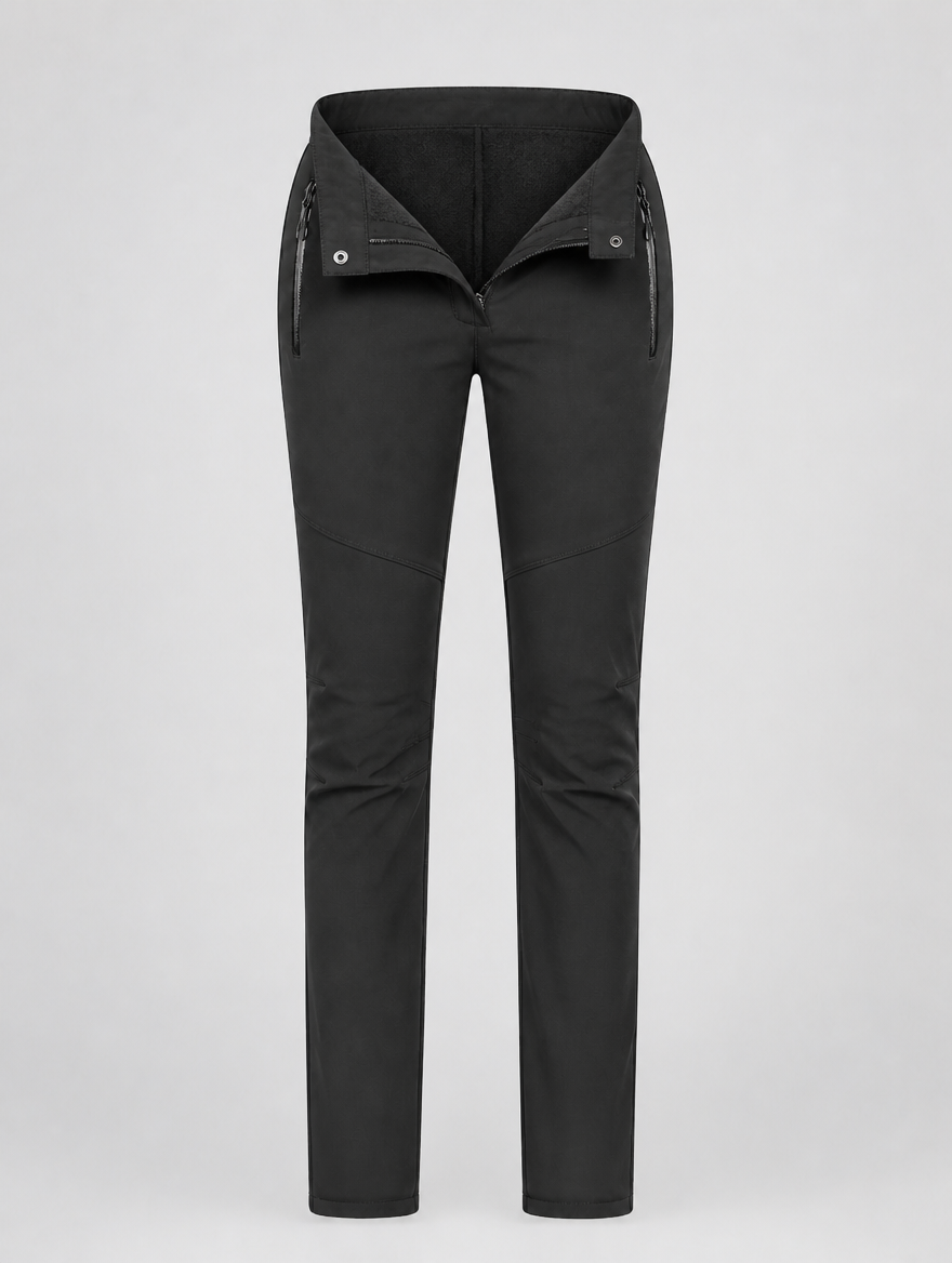 Women's ski pants with waistband folded open to show the fleece lining