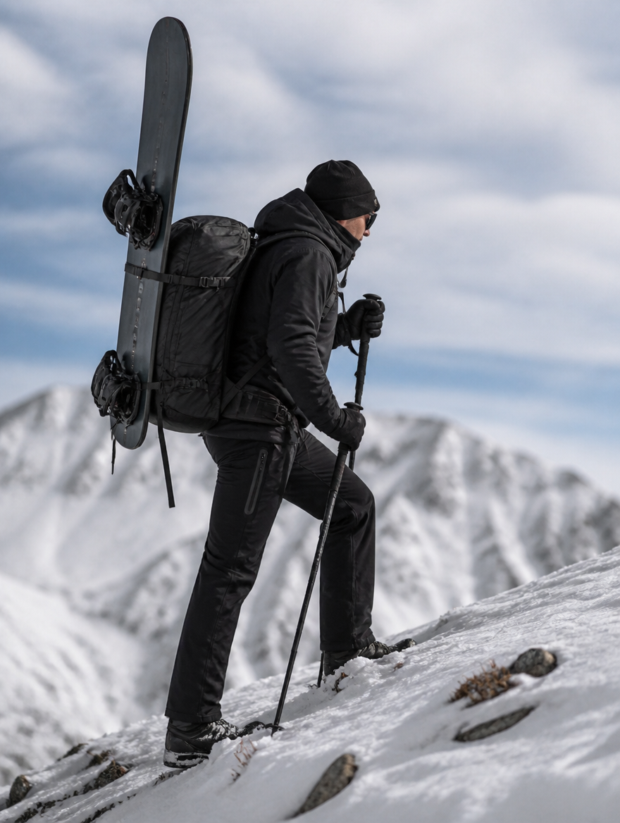 Side view of the snow pants worn hiking a ridge