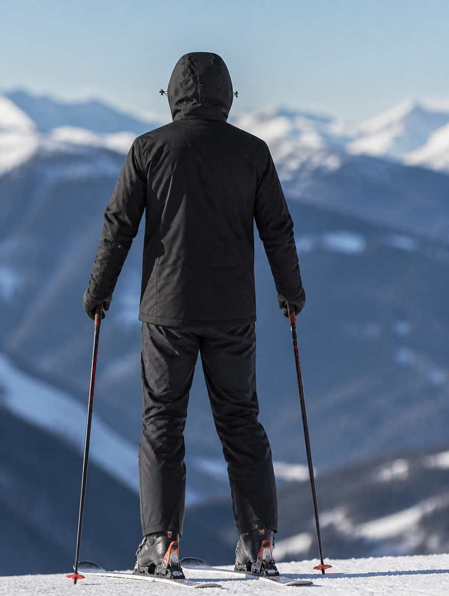 Back view of the ski jacket worn at the top of a run