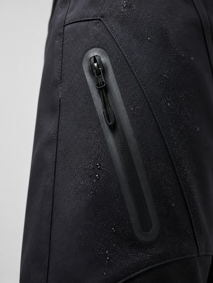 Close-up of the thigh zip pocket and water-resistant fabric