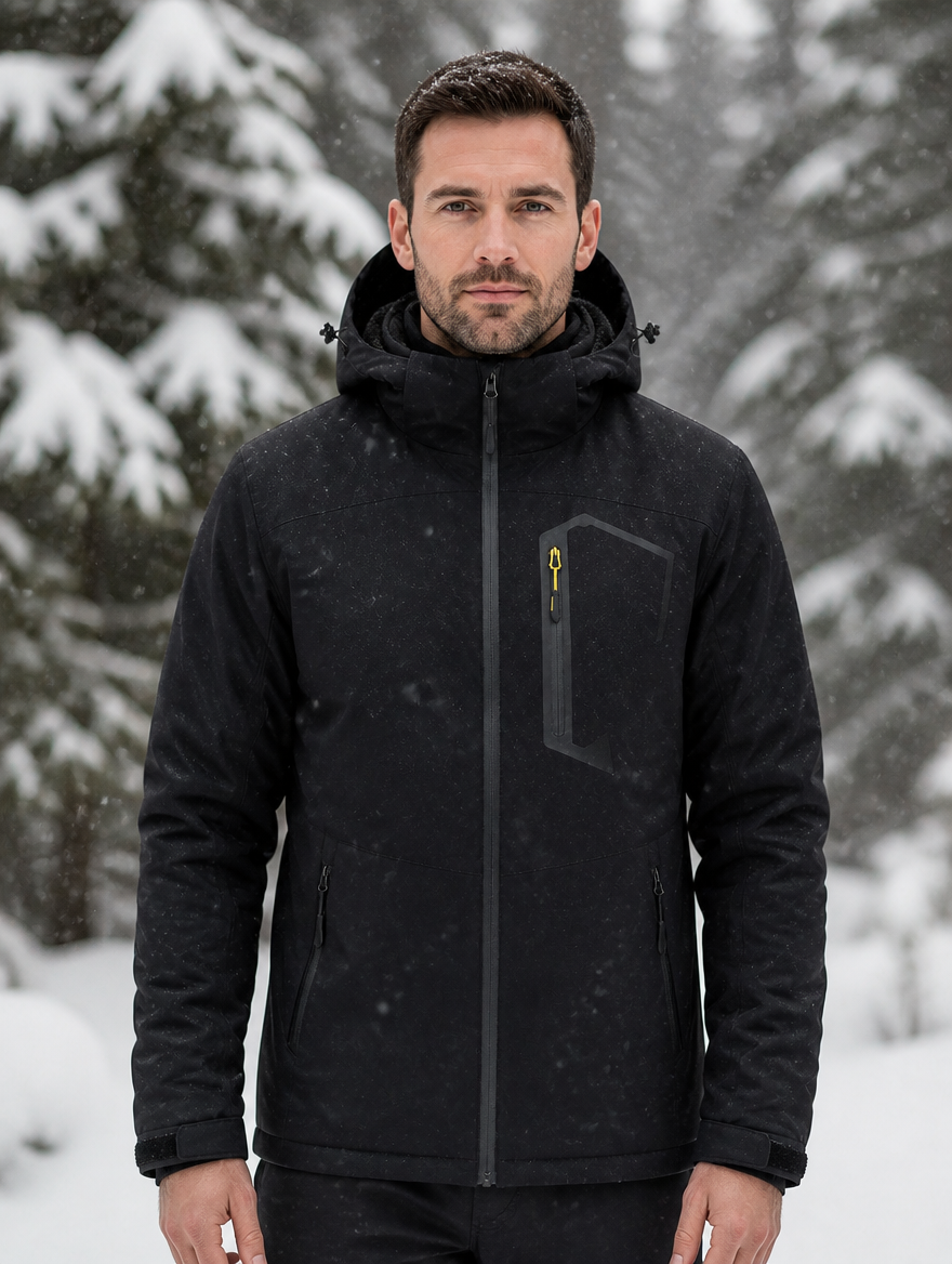 Man wearing the ski jacket in falling snow