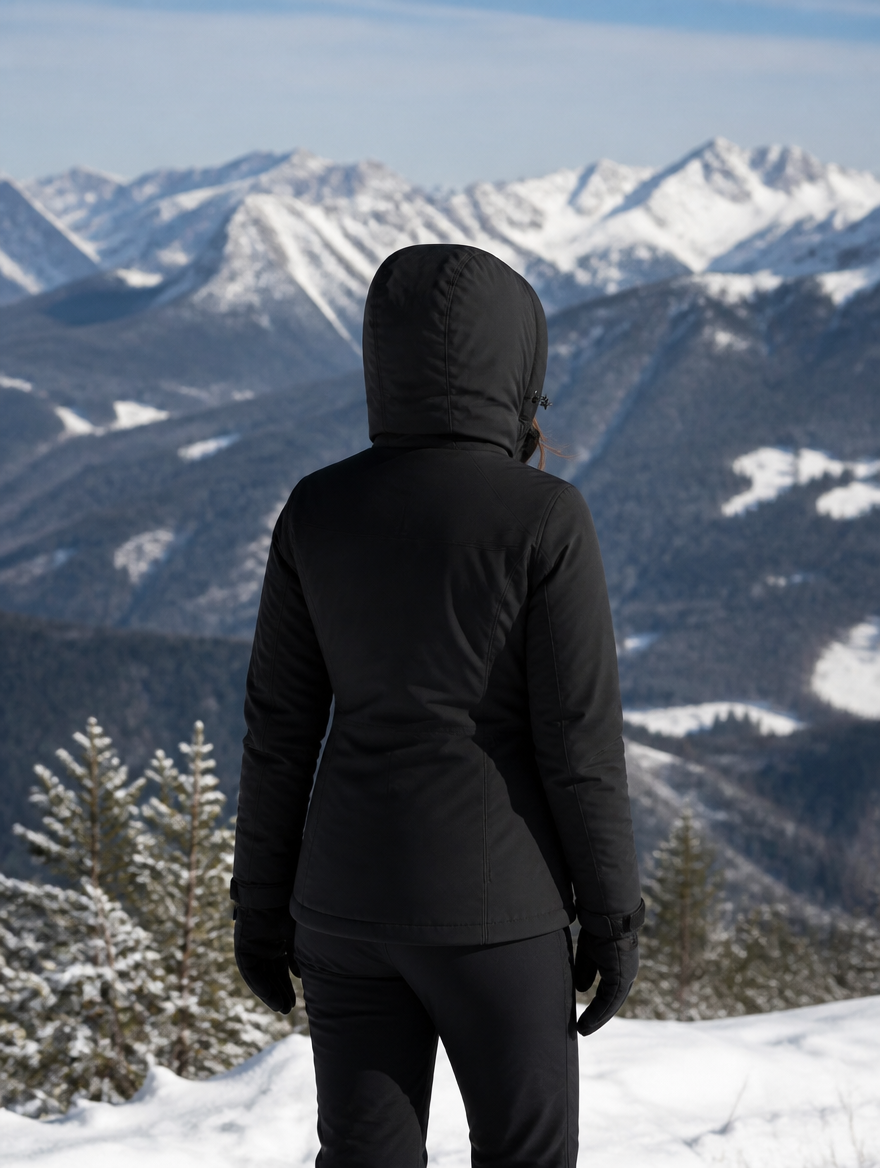 Back view of the jacket worn at a snowy viewpoint