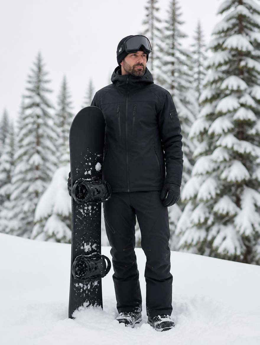 Man wearing the snow pants in deep powder with a snowboard