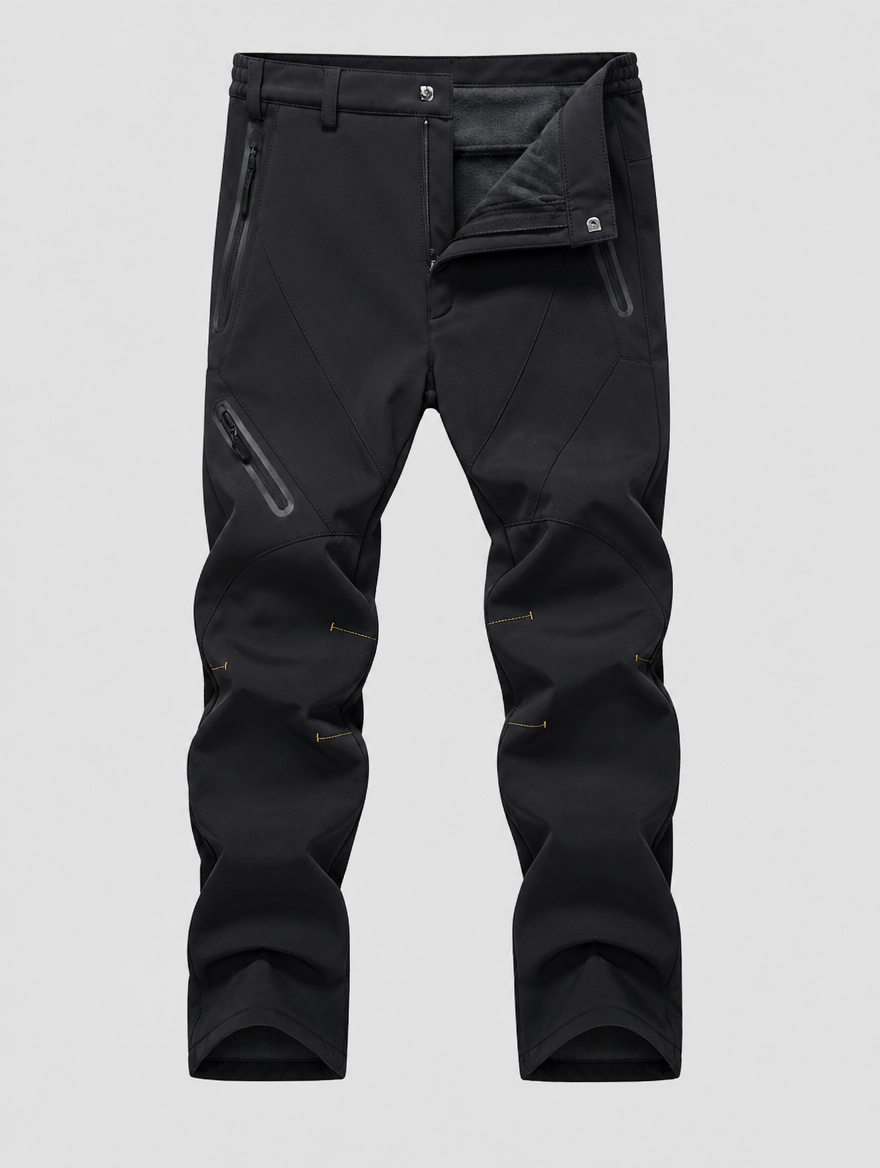 Men's snow pants with waistband folded open to show the fleece lining