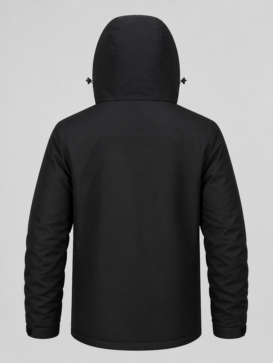 Men's water-repellent ski jacket, back view with hood up