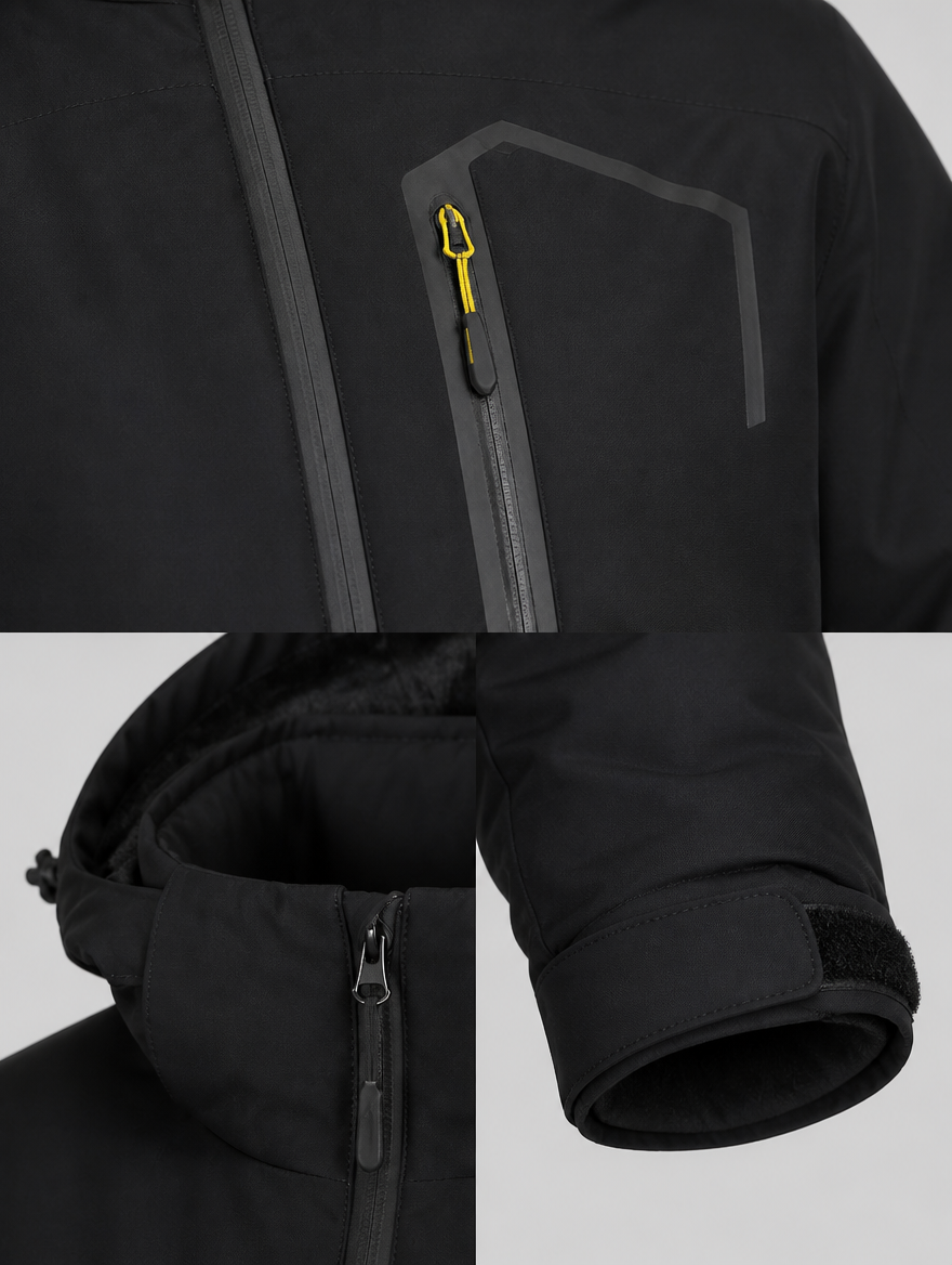 Close-up of the chest zip pocket, collar and cuff tab