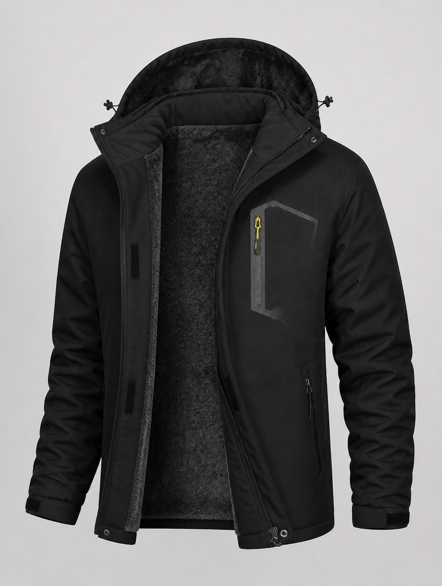 Men's water-repellent ski jacket opened to show the fleece lining