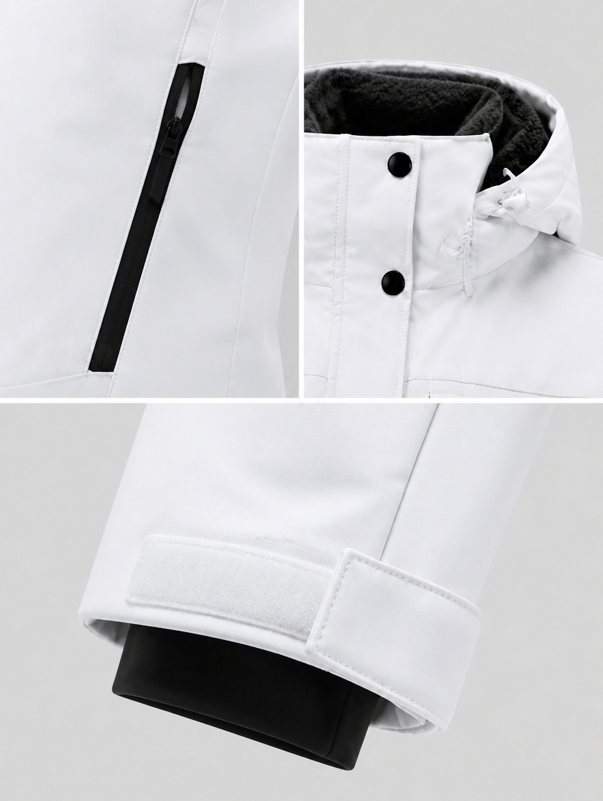 Close-up of the zip pocket, collar and cuff tab