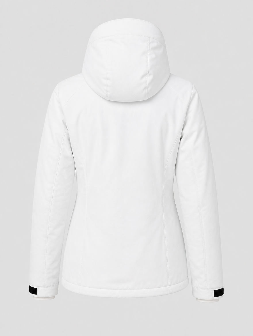 Women's insulated ski jacket, back view with hood up