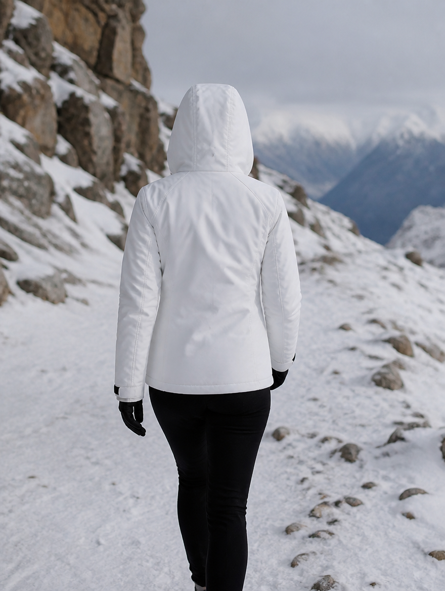 Back view of the ski jacket worn on a mountain path