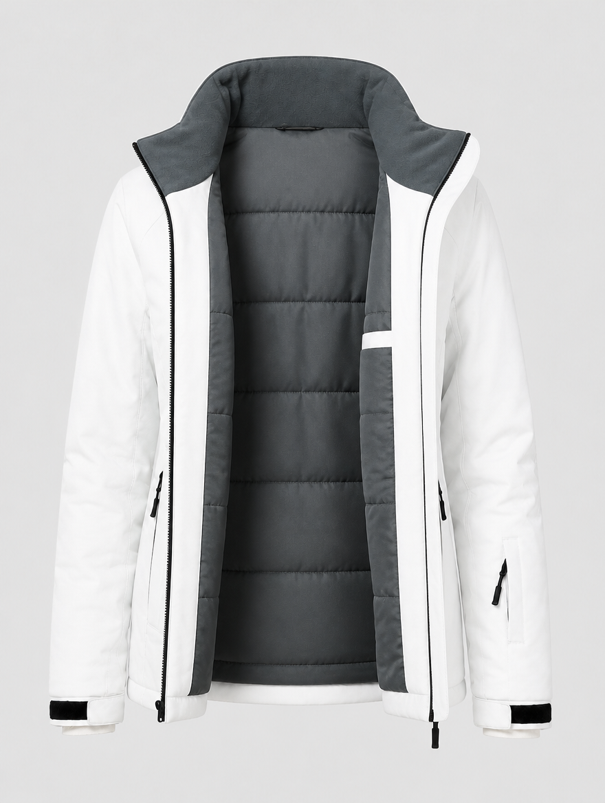 Women's insulated ski jacket opened to show the quilted lining and brushed collar