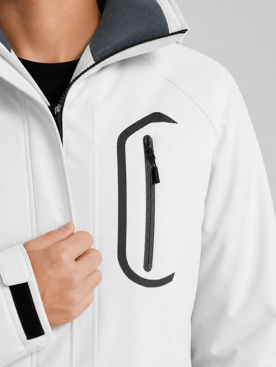 Close-up of the curved chest zip, brushed collar and cuff tab