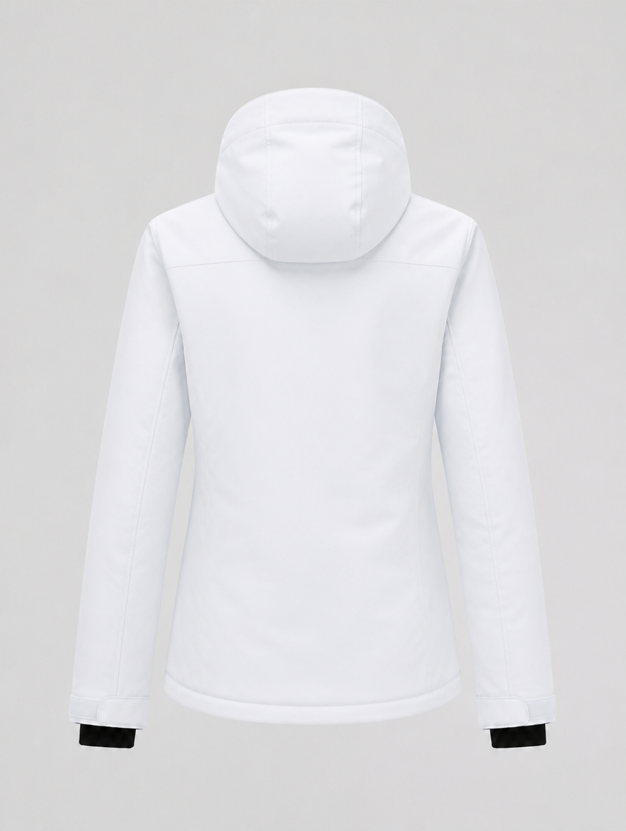 Women's fleece-lined ski jacket, back view with hood up