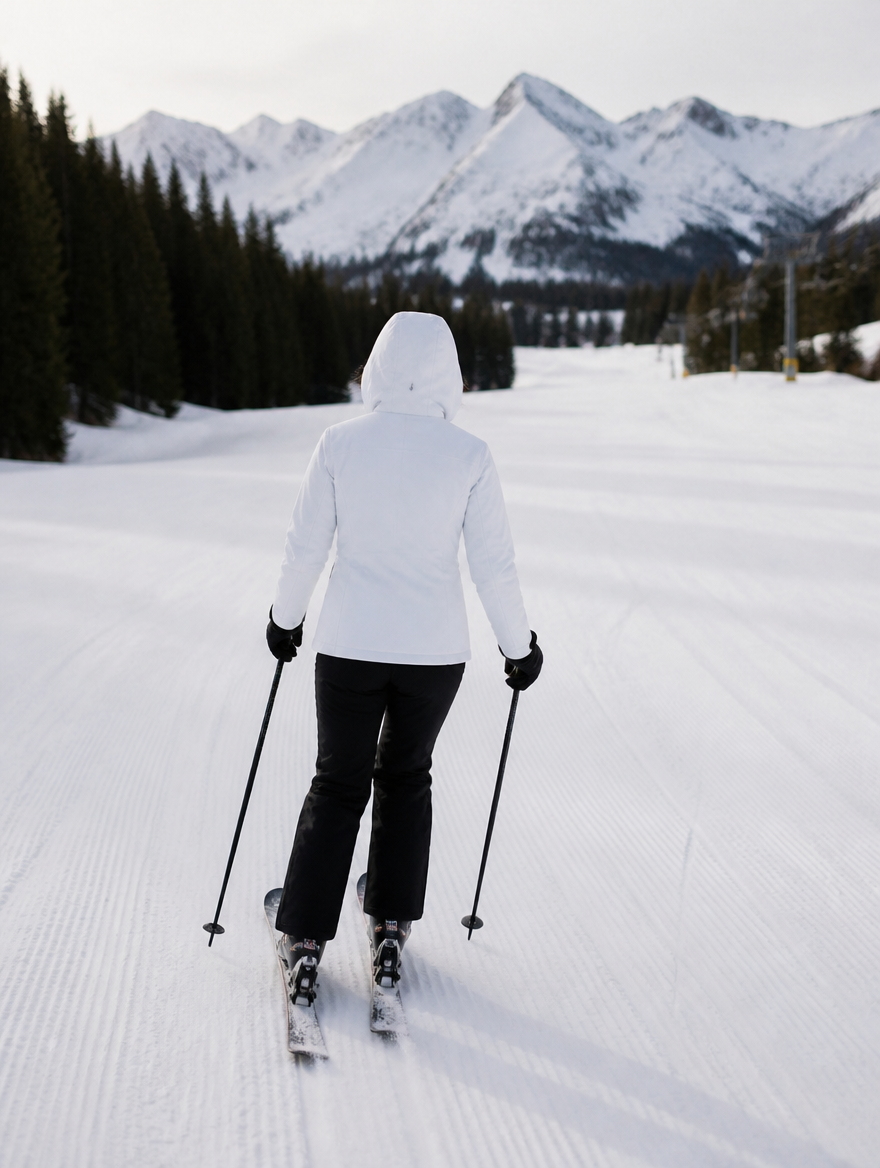 Back view of the jacket worn skiing a groomed slope