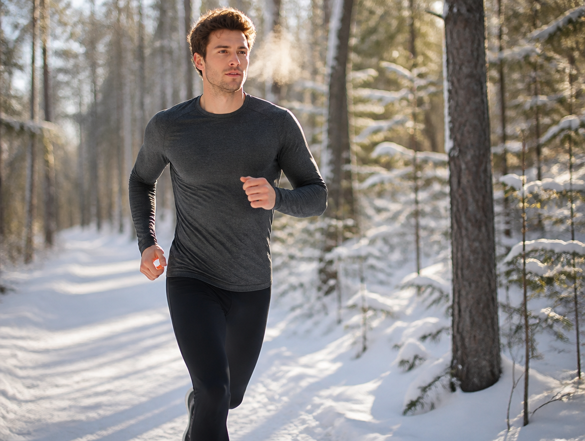 Man running on a snowy trail in a thermal base layer shirt