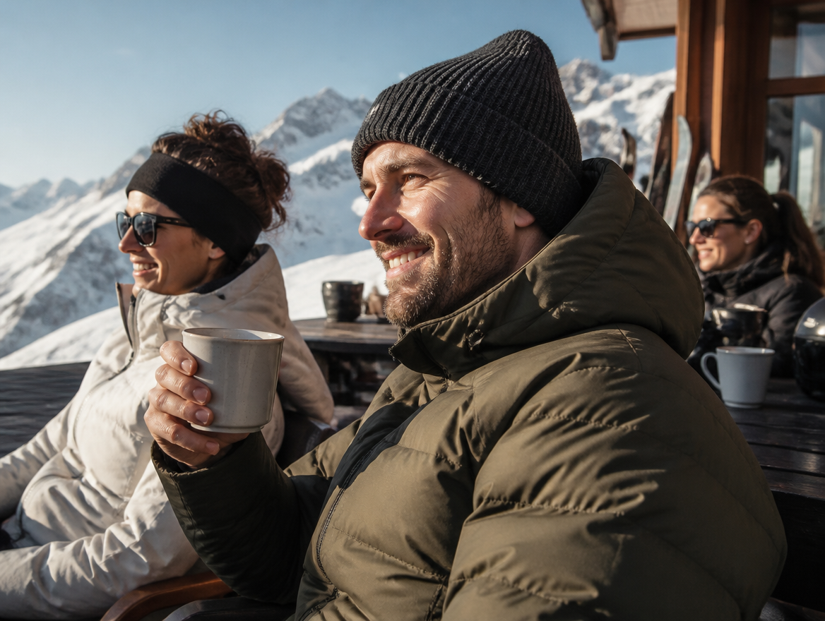 Man wearing a grey knit beanie on a ski lodge terrace