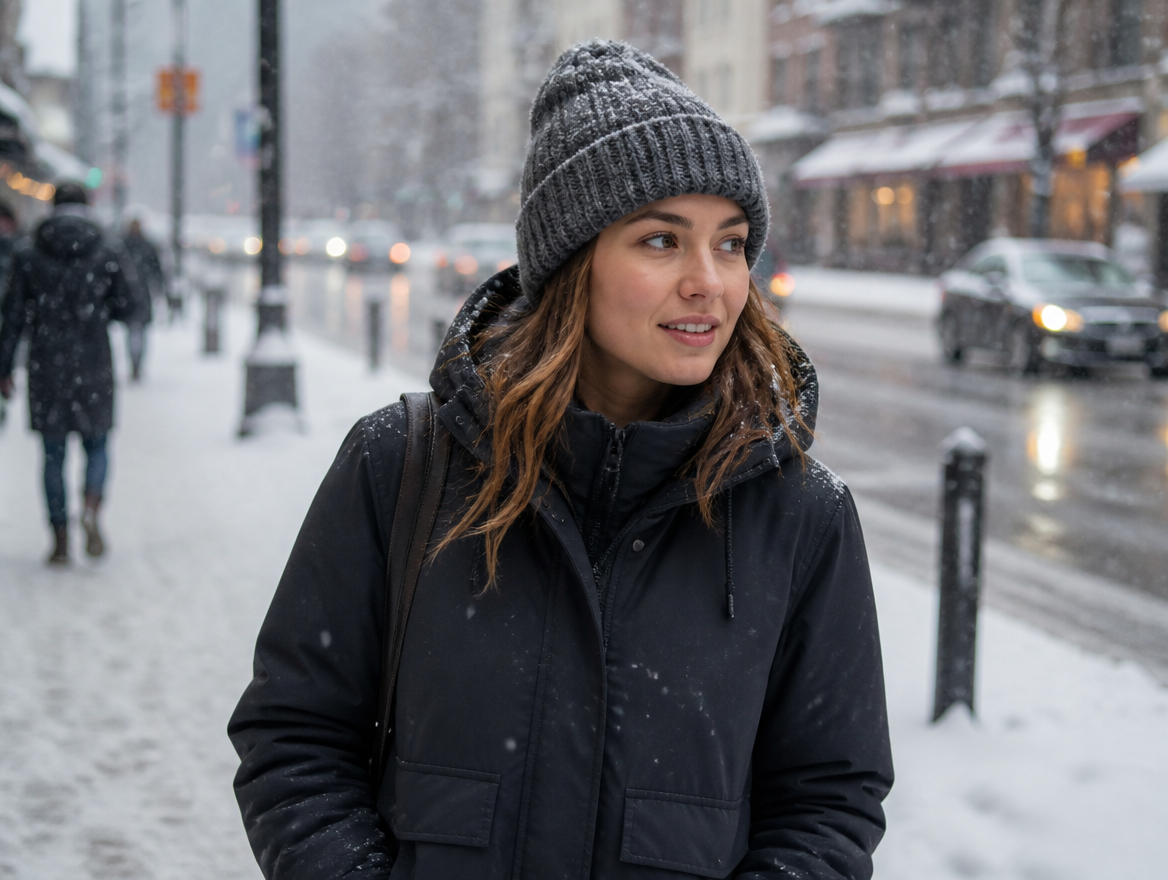 Woman wearing a grey knit beanie in a snowy city street