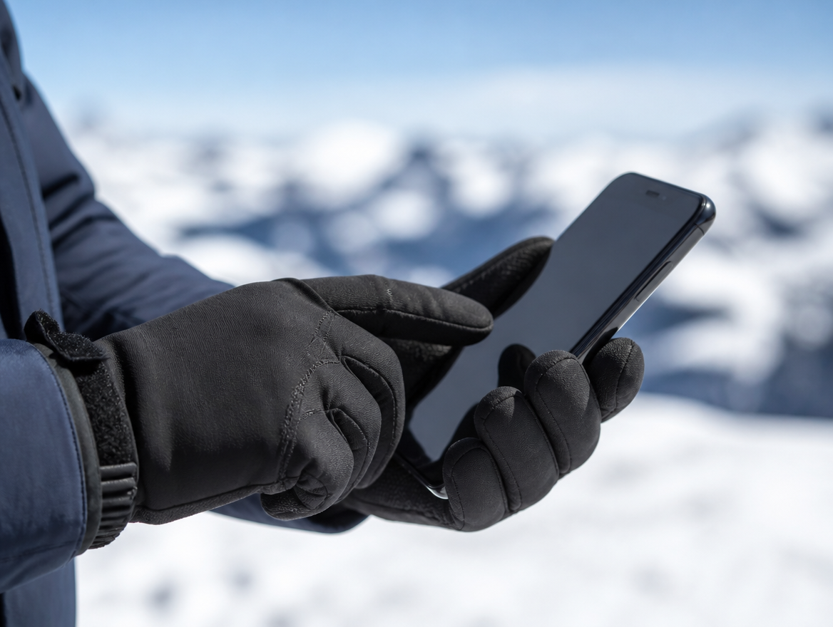Hand in a black ski glove using a phone touchscreen