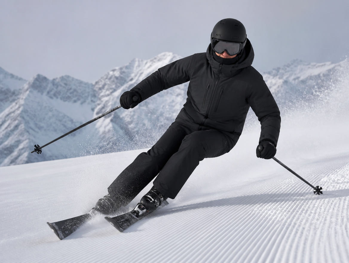 Skier in a black ski jacket carving down a piste